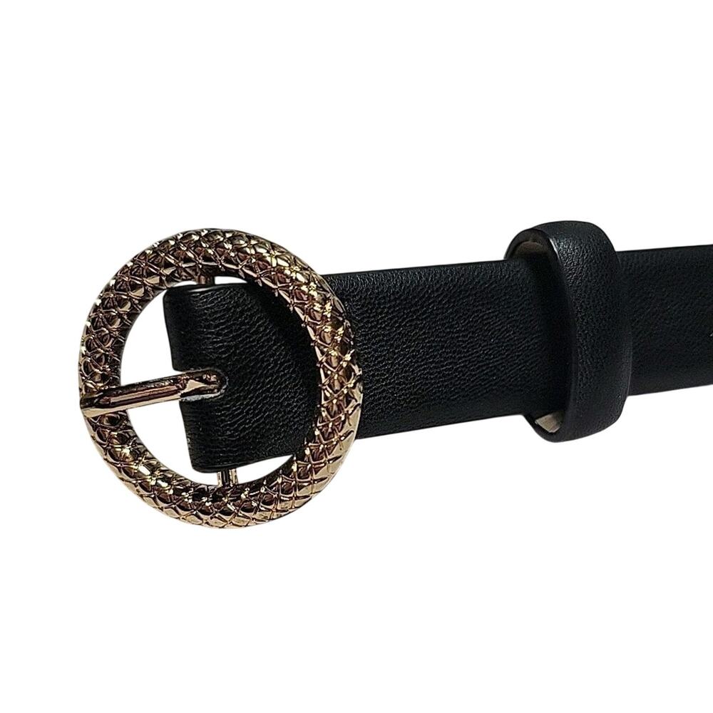 Vince Camuto Black Faux Leather Classic Round Buckle Belt Gold Wreath 34 Large